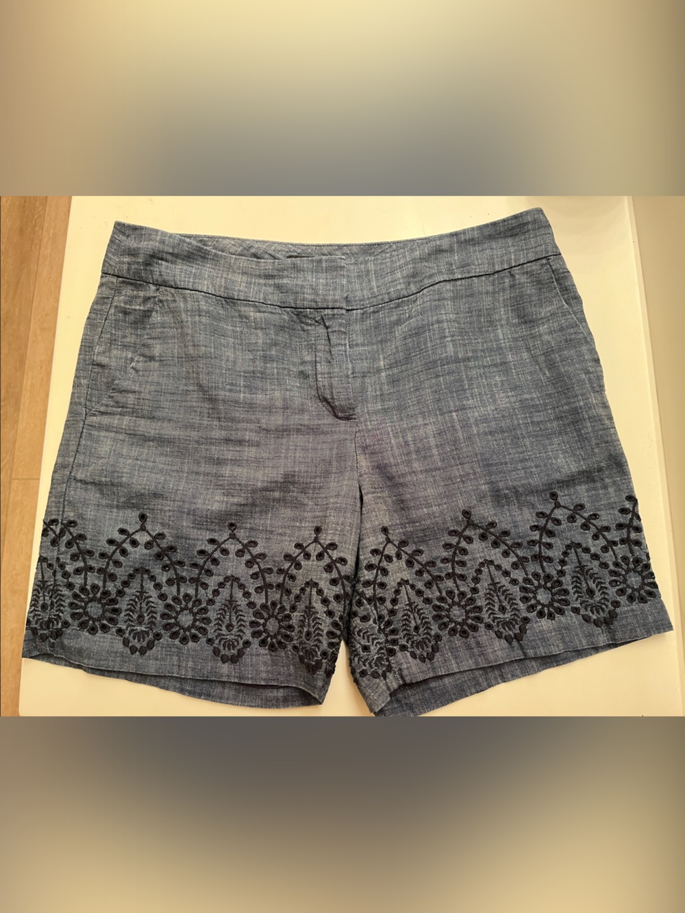 Talbots Chambray Shorts with Black Lace Embroidery - Blue